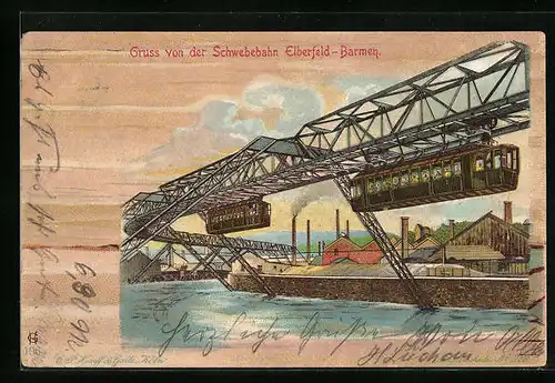 Lithographie Elberfeld-Barmen, Ansicht der Schwebebahn