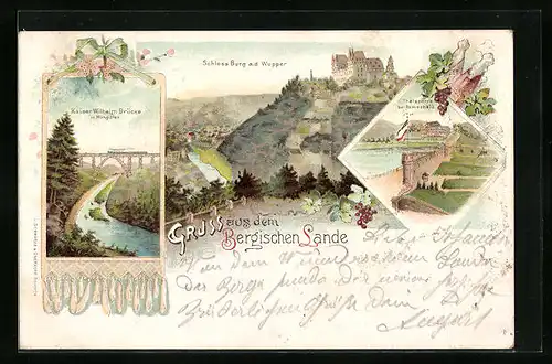 Lithographie Müngsten, Schloss Burg a. d. Wupper, Kaiser-Wilhelm-Brücke