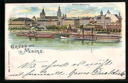 Lithographie Mainz, Totalansicht mit Dampfern