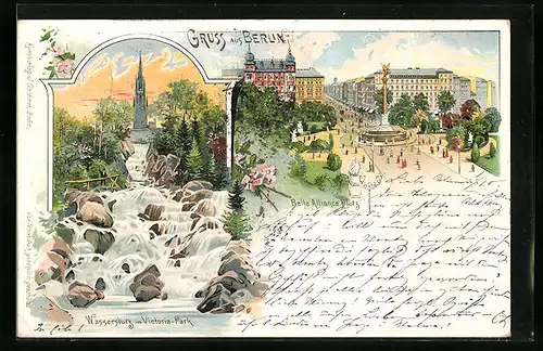 Lithographie Berlin, Wassersturz im Victoria-Park und Belle Alliance Platz