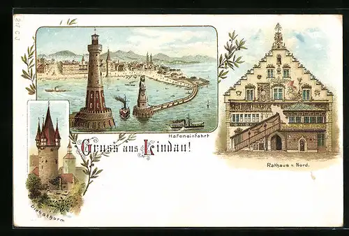 Lithographie Lindau, Hafeneinfahrt, Rathaus und Diebesthurm