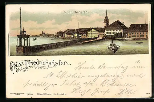 Lithographie Friedrichshafen, Ortsansicht mit Hafenpartie