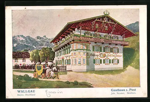 Künstler-AK Wallgau i. bayer. Hochland, Gasthaus zur Post mit Kutsche