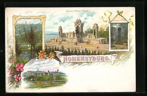 Lithographie Hohensyburg, Ortsansicht mit Denkmal Kaiser Wilhelm I