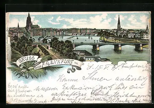 Lithographie Frankfurt a. M., Gesamtansicht mit Flusspartie