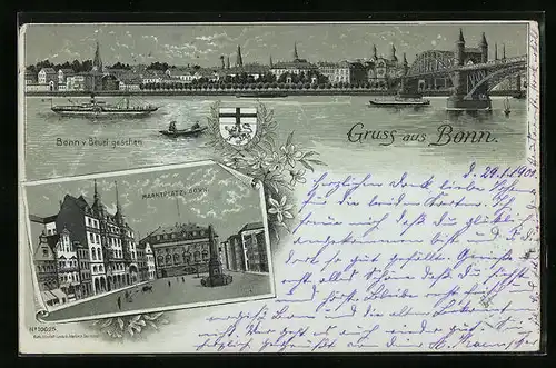 Mondschein-Lithographie Bonn, Totalansicht mit Marktplatz