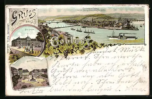 Lithographie Coblenz, Totalansicht mit Post-Gebäude