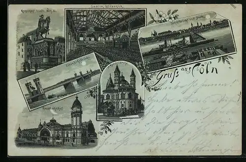 Mondschein-Lithographie Köln, Inneres Saal im Gürzenich, Schiffbrücke und Deutz, Hauptbahnhof