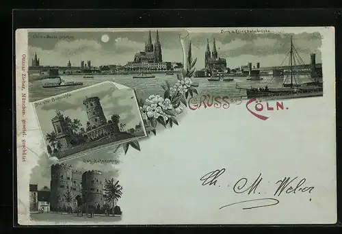 Mondschein-Lithographie Köln, Die alte Bottmühle, Das Hahnentor, Teilansicht von Deutz gesehen