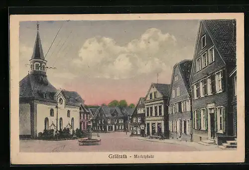AK Gräfrath, Marktplatz mit Geschäft, Kirche und Brunnen