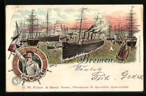 Lithographie Bremen, C. W. Fritze & Comp., Obernstrasse 16, Specialität: Sport-Artikel, Schiffe auf See