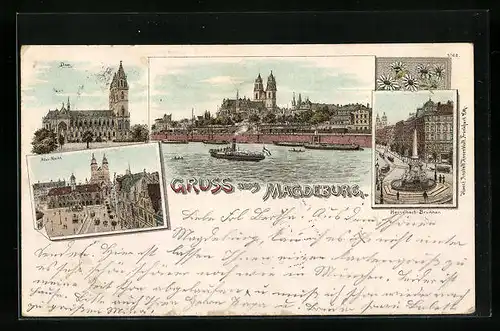 Lithographie Magdeburg, Dom, Hasselbach-Brunnen, Alter Markt