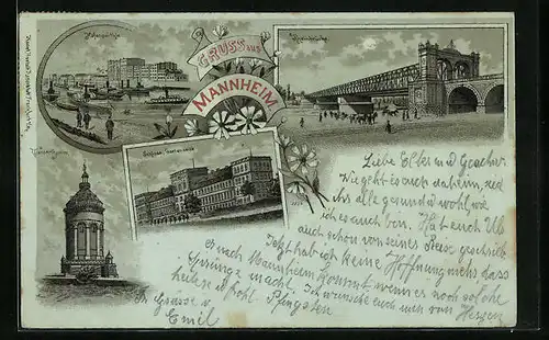 Mondschein-Lithographie Mannheim, Hafenpartie, Schloss Gartenseite, Wasserturm