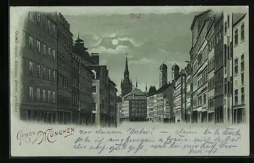 Mondschein-Lithographie München, Strasse Tal mit Kirche