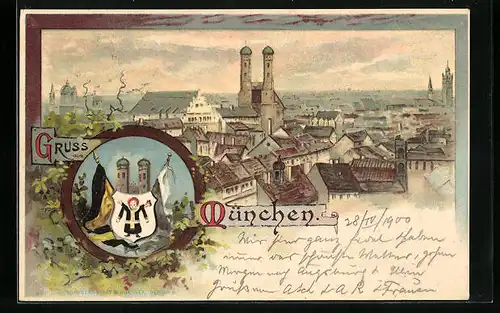 Lithographie München, Teilansicht mit Frauenkirche, Wappen mit Münchner Kindl