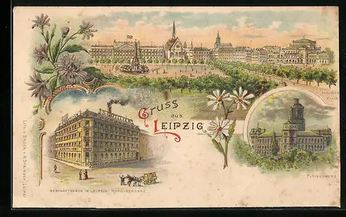 Lithographie Leipzig, Geschäftshaus in Leipzig an der Nord-Strasse, Pleisenburg bei Mondschein, Augustusplatz