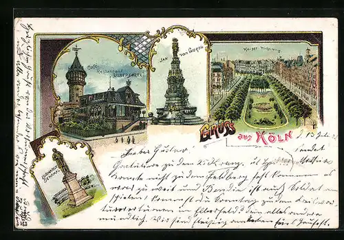 Lithographie Köln-Neustadt, Cafe-Restaurant Ulrepforte, Jan van Werth, Bismarck-Denmal