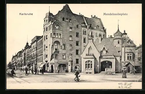 AK Karlsruhe, Mendelssohnplatz mit Zigarrengeschäft und Kirche