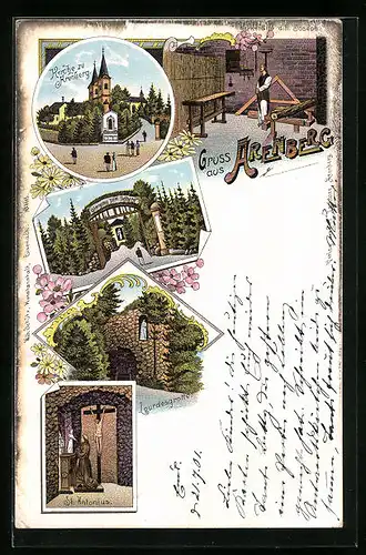 Lithographie Arenberg, Eingang zum Oelberg, Kirche, Werkstätte d. h. Joseph