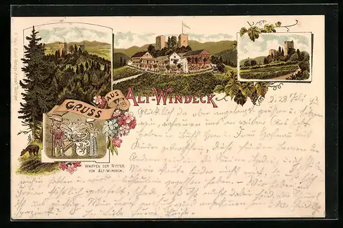 Vorläufer-Lithographie Alt-Windeck, 1895, Ansichten der Burg und Wappen der Ritter von Alt-Windeck