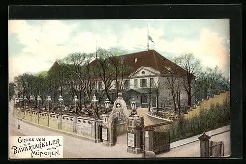 AK München, Bavariakeller mit Terrasse und Strassenpartie