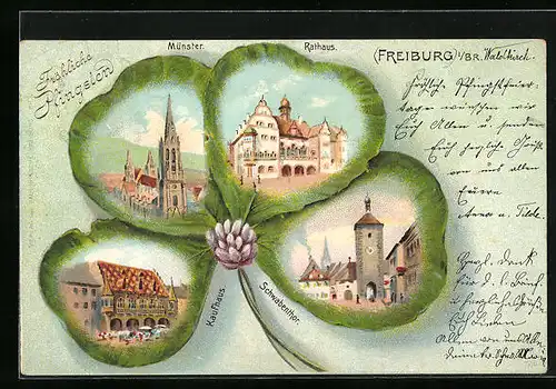 Passepartout-Lithographie Freiburg i. Br., Münster, Rathaus, Kaufhaus und Schwabenthor