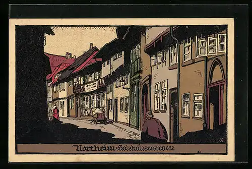 Steindruck-AK Northeim, Holzhäuserstrasse mit Passanten