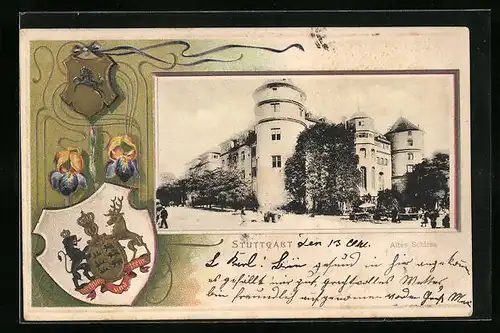 Passepartout-Lithographie Stuttgart, Altes Schloss mit Wappen