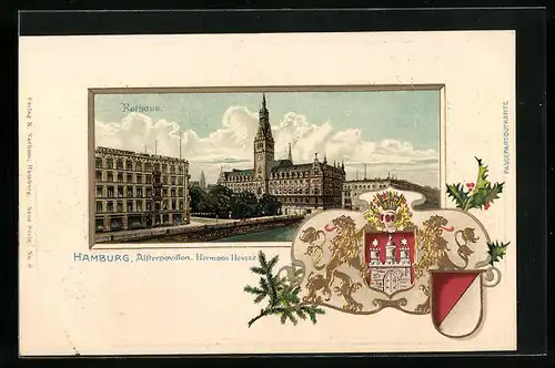 Passepartout-Lithographie Hamburg, Alsterpavillon und Rathaus mit Wappen