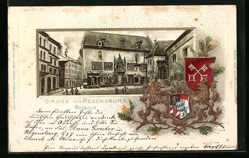 Passepartout-Lithographie Regensburg, Rathaus mit Wappen