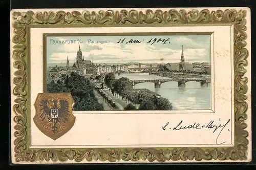 Passepartout-Lithographie Frankfurt a. M., Panorama mit Eisernem Steg und Paulskirche