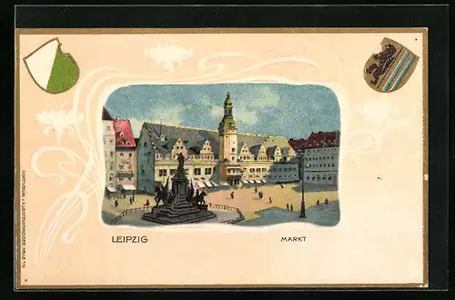 Passepartout-Lithographie Leipzig, Markt mit Denkmal und Wappen