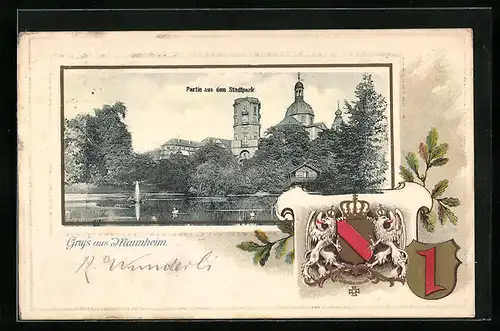 Passepartout-Lithographie Mannheim, Partie aus dem Stadtpark mit Wappen