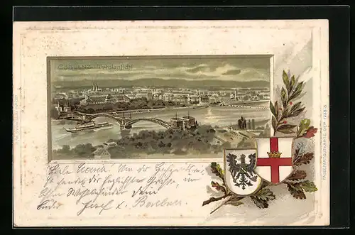 Passepartout-Lithographie Coblenz, Totalansicht mit Brücke und Schiffen