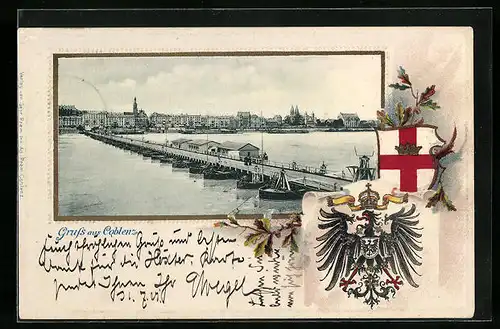 Passepartout-Lithographie Coblenz, Ortsansicht mit Pontonbrücke und Wappen