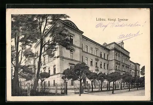 AK Löbau, Königl. Seminar mit Strassenpartie