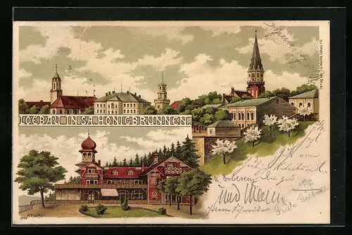 Lithographie Löbau, Gasthof Honigbrunnen und Ortspartie mit Kirche