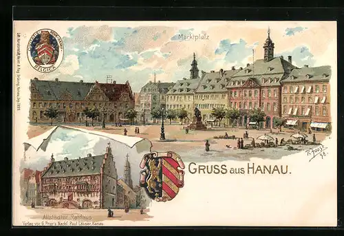 Lithographie Hanau, Marktplatz und Altstädter Rathaus