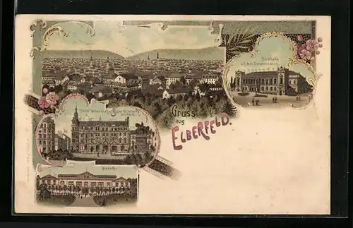 Lithographie Elberfeld, Hotel Weidenhof, Kaiser Wilhelm Denkmal, Stadthalle auf dem Johannisberg, Haardt