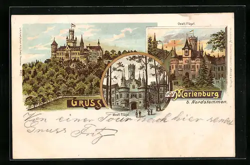 Lithographie Pattensen, Marienburg b. Nordstemmen von Osten und Westeb gesehen