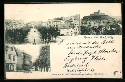 AK Siegburg, Gymnasium, Marktplatz aus der Vogelschau
