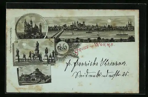 Mondschein-Lithographie Worms, Dom, Lutherdenkmal, Städt. Spiel- und Festhalle, Totalansicht