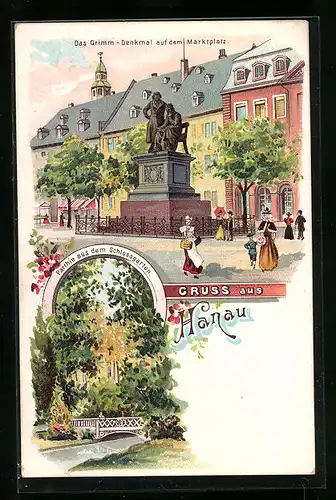 Lithographie Hanau, Marktplatz mit Grimmdenkmal, Schlossgarten