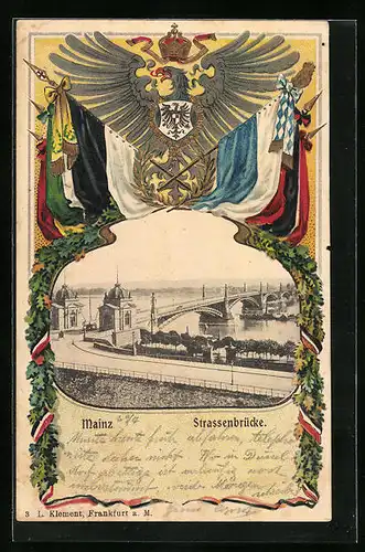 Passepartout-Lithographie Mainz, Blick zur Strassenbrücke, Wappen