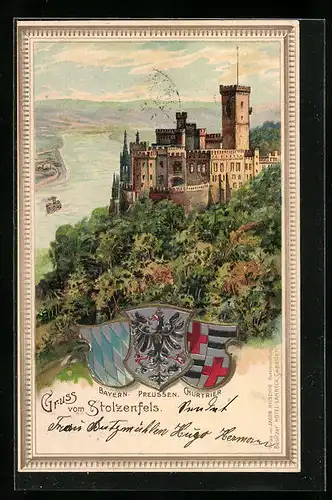 Passepartout-Lithographie Stolzenfels a. Rh., Festung aus der Vogelschau mit Wappen von Bayern, Preussen und Churtrier