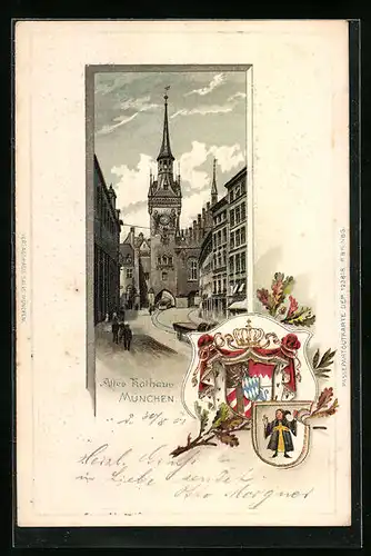 Passepartout-Lithographie München, Strassenpartie am alten Rathaus, Wappen und Münchner Kindl