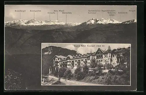 AK Mendelpass bei Bozen, Grand Hotel Penegal, Kesselkogel, Rosengarten und Marmolata