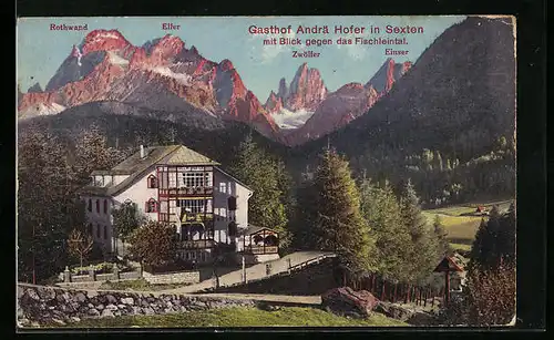 AK Sexten, Gasthof Andrä mit Blick gegen das Fischleintal, Rotwand, Elfer und Zwölfer