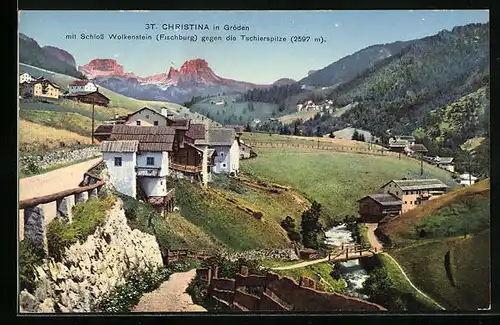 AK St. Christina, Ortsansicht mit Schloss Wolkenstein gegen die Tschierspitze