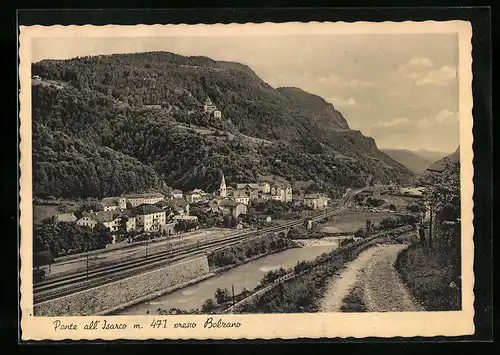 AK Waidbruck, Ortsansicht aus der Vogelschau mit Bahnlinie
